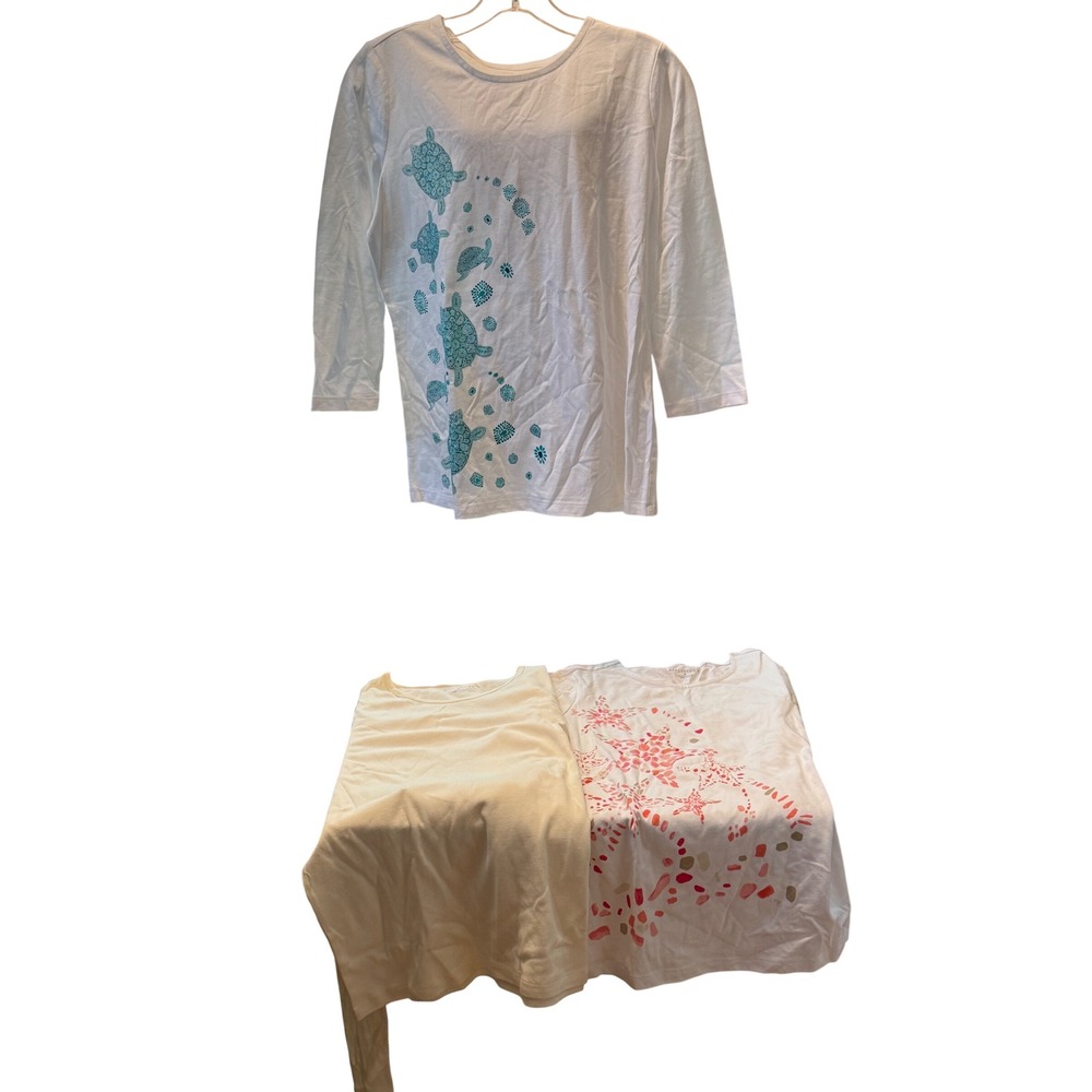 Appleseed's Womens Cotton Knit Top Bundle Sea Turtle Starfish Cream Size Small